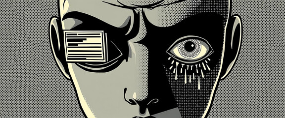 Vector halftone of a humanoid figure with corrupted eyes, one scrolling through feeds, the other crying data tears.
