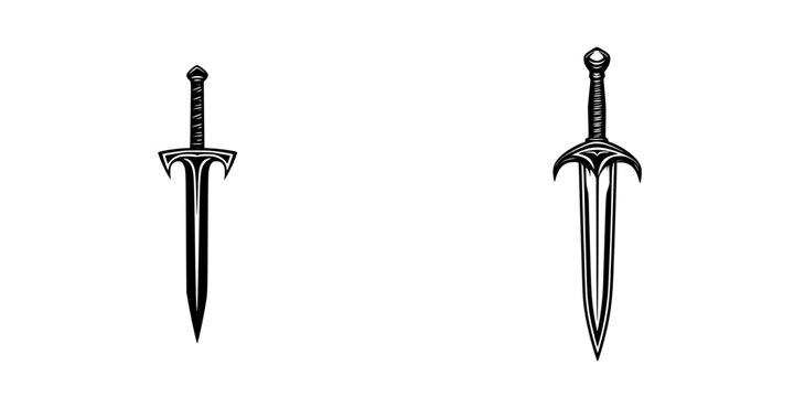 Black sword icon design featuring two distinct styles in a minimalist presentation on a simple background