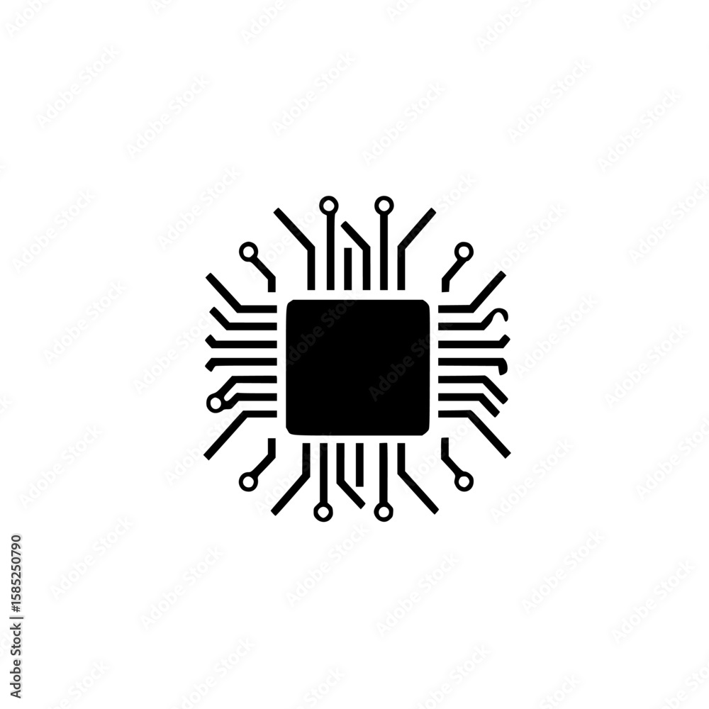 Poster black icon representing a microchip with circuit patterns showcasing technology and design elements 