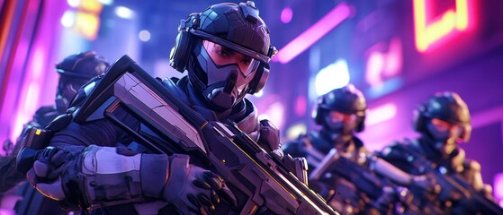 Futuristic soldiers in a city at night