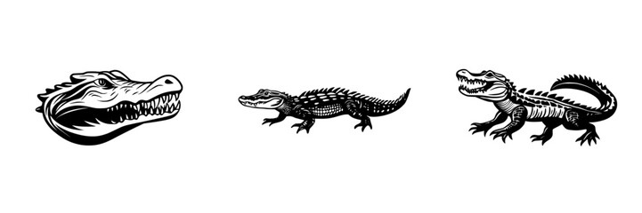 Obraz premium Unique black icon designs showcasing the head and body of a crocodile in various artistic styles
