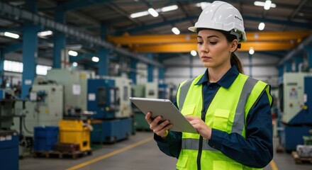 Focused female engineer wearing a hard hat and high visibility vest uses a tablet in a busy manufacturing facility