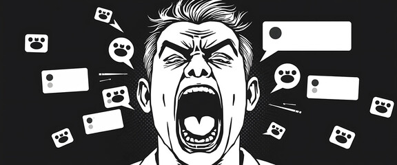Vector halftone of a distorted avatar screaming into a silence filled with flashing retweet signs and angry comment bubbles.
