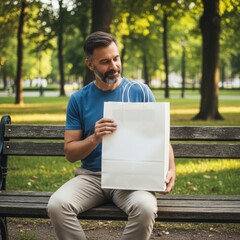 Fototapeta premium Mature bearded man sitting on a park bench holding a blank white shopping bag mockup, enjoying the outdoors on a sunny day