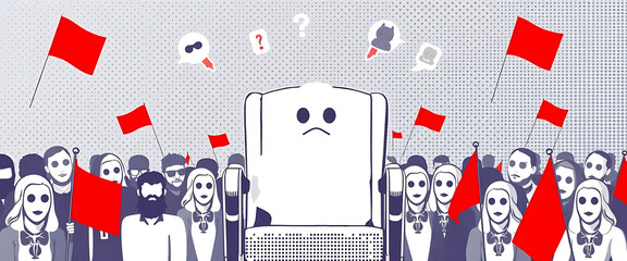 Vector halftone of an empty chair broadcasting ghostly opinions, surrounded by fake avatars, anonymous tags, and red flags.
