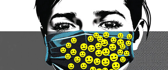 Vector halftone of a black-and-white face overlaid with colored filter masks, emojis spilling out like tears of misinformation.
