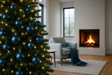 realistic living room with a vibrant Christmas tree adorned with blue ornaments, minimalist fireplace, plush armchair, blue throw, and floor-to-ceiling windows in soft, natural light.