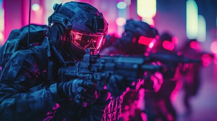 Fototapeta premium Futuristic soldiers in neon city at night