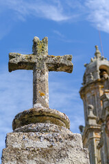Close up of a Mossy Cruceiro in a Village in Spain