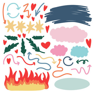 Collection of Hand Drawn Icons with Night Stars, Tropical Leaves ,Grunge Brush Stroke, Arrows Set, Red Heart , Shadow Effect, Clouds Flying and Fire Flames Background