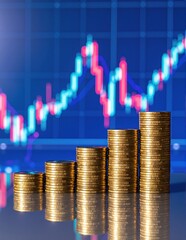 A close-up of a neatly arranged stack of shiny coins, with a vibrant upward-trending graph in the background, symbolizing financial growth and success.