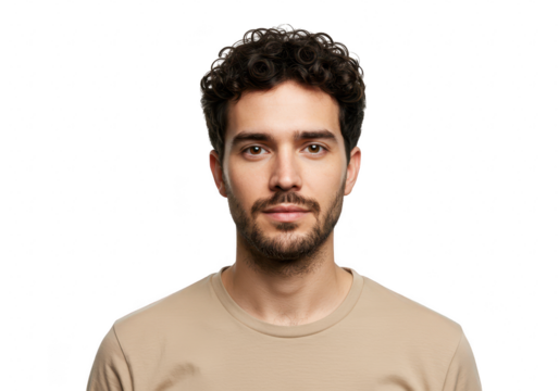 A closeup portrait of a young man with curly hair and a beard, looking directly at the camera with a neutral expression, isolated on a transparent background
