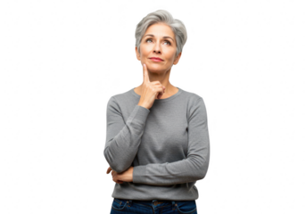 A thoughtful senior woman with short grey hair touches her chin as she looks upwards, contemplating an idea, isolated on a transparent background
