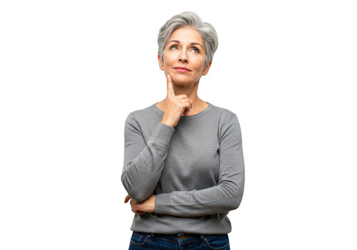A thoughtful senior woman with short grey hair touches her chin as she looks upwards, contemplating an idea, isolated on a transparent background - Powered by Adobe