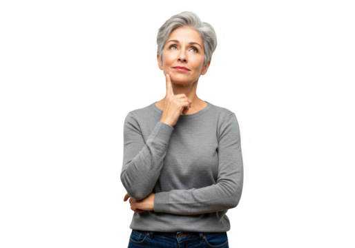 A thoughtful senior woman with short grey hair touches her chin as she looks upwards, contemplating an idea, isolated on a transparent background