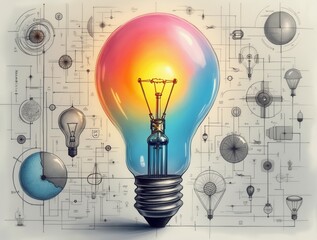 A vibrant glowing bulb floats over monochrome sketches of graphs and creative symbols,