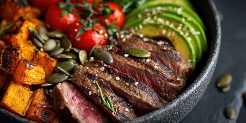 Vibrant bowl with grilled steak, avocado, sweet potatoes, and tomatoes