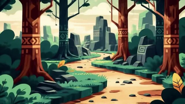 A stylized illustration of a forest path leading to ancient ruins, with geometric trees and lush greenery.