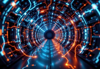 Obraz premium futuristic tunnel filled with glowing fiber optic cables, symbolizing the backbone of the global internet
