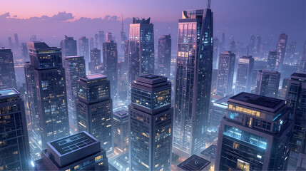 A stunning futuristic cityscape featuring sleek high-rise buildings with illuminated windows under a purple dusk sky, blending modern architecture with sci-fi elements and advanced urban development. 