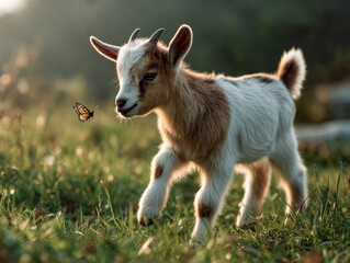 Playful Goat and Butterfly in Soft Morning Light