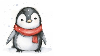 Fototapeta premium Cute baby penguin with red scarf stands on white snow falling. Winter holiday greeting card for Christmas and new year.