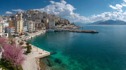Obraz premium Spring transforms the Saranda port into a radiant coastal scene, where Ionian waves sparkle beneath Albaniaâ€™s morning sun