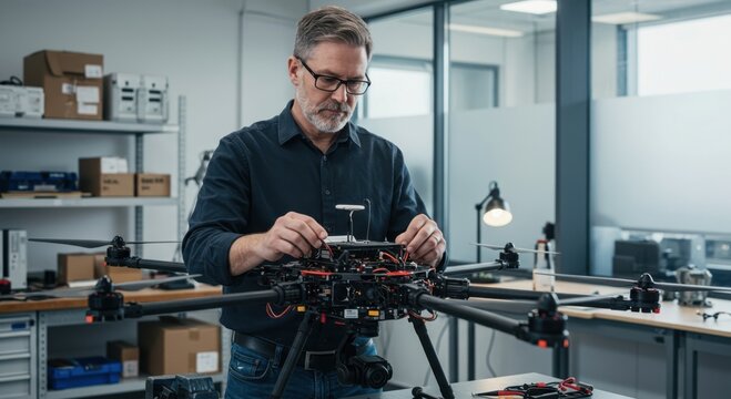 Skilled engineer meticulously assembling a complex multi rotor drone in a modern workshop environment