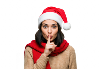 A woman in a santa hat and scarf makes a shh gesture, isolated on a transparent background