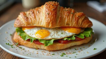 Delicious crispy croissant with fried eggs, tomatoes and lettuce