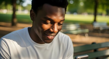 Fototapeta premium Smiling Black Man Using Smartphone in Sunny Park