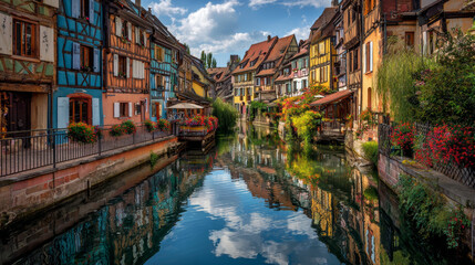 Naklejka premium The historic streets of Colmarâ€™s Little Venice gleam with vividly decorated medieval facades, creating a storybook European scene