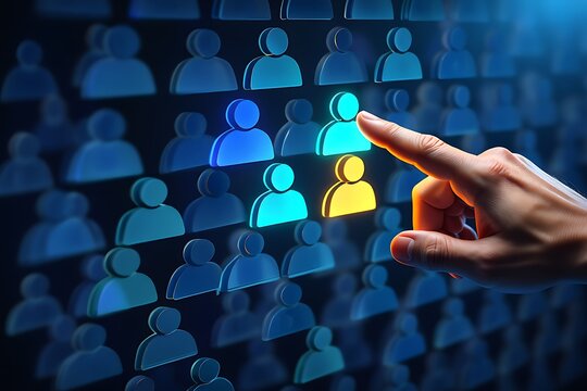 A human finger selects a glowing yellow person icon from a grid of blue icons representing a diverse group of people and a selection process