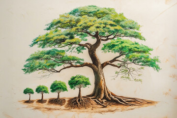 Artistic depiction of tree evolution, with several trees of increasing size illustrated with visible roots, suggesting growth, strength, and a life cycle. Painted style with gentle color variations.
