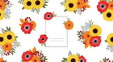 Bright autumn floral pattern background with sunflowers and poppies for greeting cards