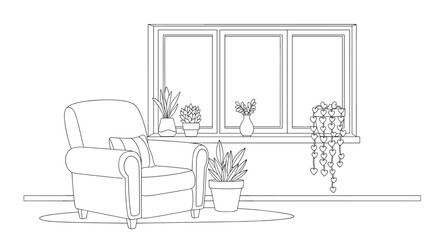 Cozy armchair and potted plants beside a large window in a bright room