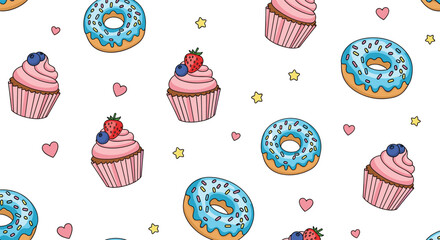 Whimsical dessert delight sweet treats collection featuring frosted doughnuts and fruity cupcakes with hearts and stars