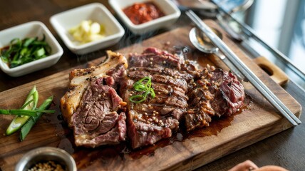Steak Korean style sliced galbi beef on wooden cutting board with traditional banchan side dishes and metal utensils