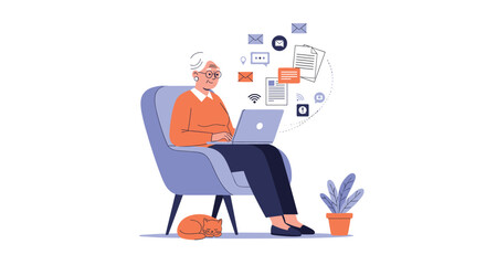 Senior person working on a laptop surrounded by digital icons representing communication and planning