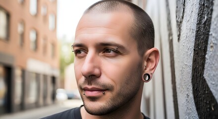 Portrait of a Young Man with Multiple Piercings in an Urban Setting