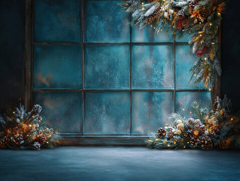Frosted Christmas Window with Pine Garland and Lights
