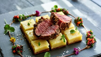 Steak potato pave gourmet presentation with sliced beef filet on geometric potato squares garnished with microgreens and edible flowers