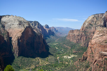 View through Scenery in Zion National Park, Utah, USA from the trail to Angel's landing
