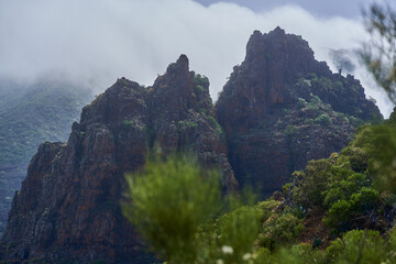 Misty volcanic cliffs in Teno