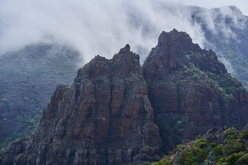 Misty volcanic cliffs in Teno