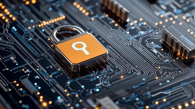 Digital Lock Icon on Futuristic Circuit Board Background Symbolizing Data Security and Protection in Technology and Cybersecurity Contexts