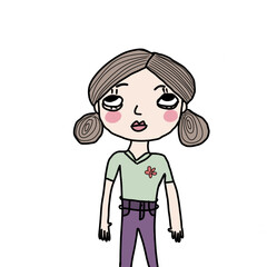 Cute girl in green clothes purple pants has face smile