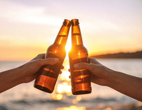 Beer Bottles Cheers at Sunset Beach - Powered by Adobe