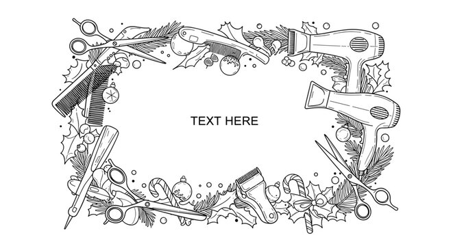Artistic hand drawn hair salon styling tools border design for creative hairdressing professionals