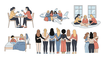 Obraz premium Diverse female friendships and support networks in various everyday social settings